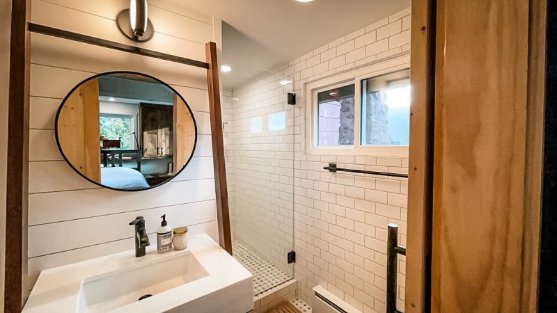 Bathroom-Custom-Leaning-Vanity-White-Shiplap-Wall-White-Subway-Tile-Dark-Grout-Mosaic-Floor-Tile-Black-Finishes-Glass-Shower-Door-Cherokee