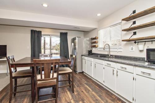 Copy-of-Basement-Kitchenette-Silver-Finishes-Exposed Open-Wood-Shelves-Farmhouse-Wood-LVP-Floor-Laminate-Countertops-War-Eagle